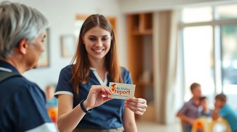 photorealistic, professional photography, 8K, cinematic lighting, sharp focus, depth of field, shot on a high-end DSLR. A resort kids club manager, dressed professionally in resort uniform, smiling genuinely while handing a small, colorful 'activity report' or 'check-in' card to a parent. The interaction is warm, clear, and reassuring, with the parent looking confident and appreciative. A bright, clean kids club environment is visible in the background.