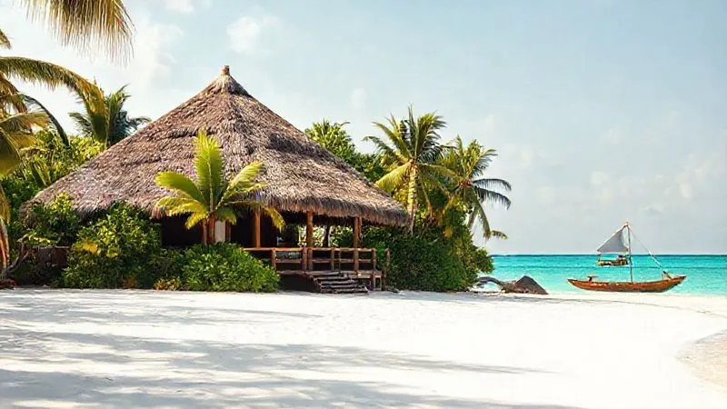 A professional photograph of a pristine, white sand beach on Mnemba Island, Tanzania. A rustic-chic thatched-roof banda (lodge) is visible in the background, blending seamlessly with the lush tropical foliage. The turquoise ocean is calm, with a traditional wooden dhow boat gently swaying in the distance. The scene is bathed in warm, natural sunlight, sharp focus on the foreground beach, depth of field blurring the background. Photorealistic, 8K, cinematic lighting, shot on a high-end DSLR. A professional photograph of a pristine, white sand beach on Mnemba Island, Tanzania. A rustic-chic thatched-roof banda (lodge) is visible in the background, blending seamlessly with the lush tropical foliage. The turquoise ocean is calm, with a traditional wooden dhow boat gently swaying in the distance. The scene is bathed in warm, natural sunlight, sharp focus on the foreground beach, depth of field blurring the background. Photorealistic, 8K, cinematic lighting, shot on a high-end DSLR.