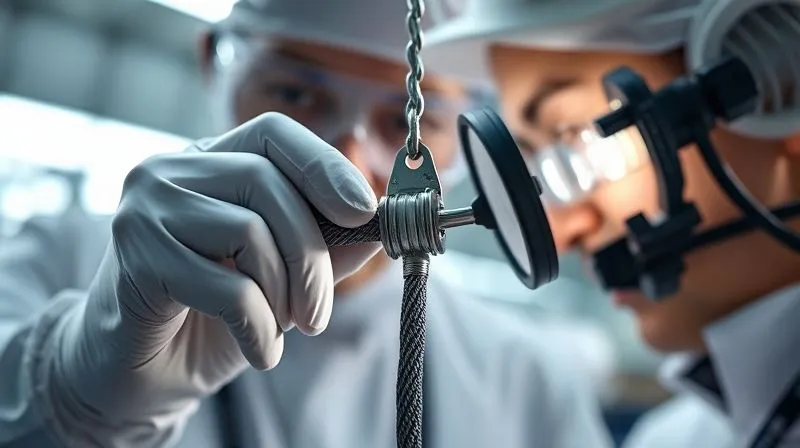 A photorealistic close-up of a high-tech bungee cord being meticulously inspected by a quality control engineer in a sterile lab environment, illuminated by focused task lighting. The engineer wears gloves and uses a magnifying glass, emphasizing precision and the critical nature of equipment safety. 8K, cinematic lighting, sharp focus, depth of field.