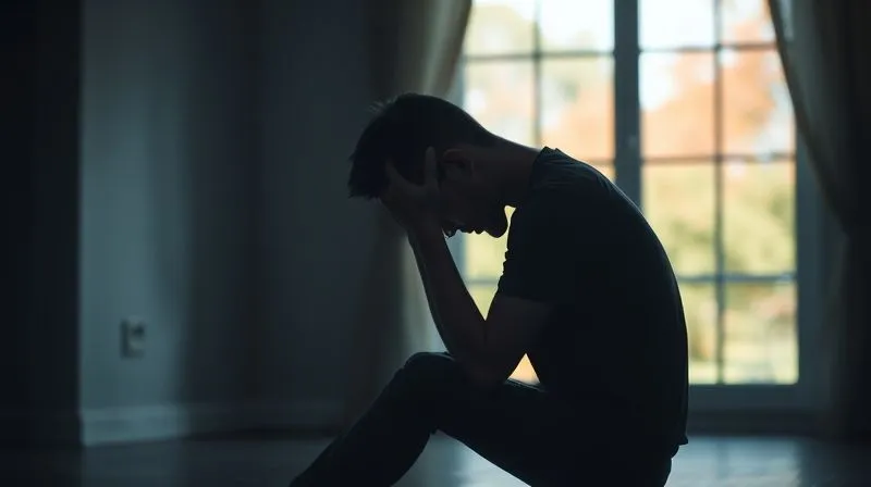 A photorealistic, professional photography image depicting a person sitting alone in a dimly lit room, head in hands, with a distant, blurred window showing a vibrant outdoor scene. The lighting is somber and reflective, creating a strong sense of isolation and distress. Sharp focus on the individual, depth of field blurring the background, 8K, cinematic lighting, conveying the emotional weight of trauma.