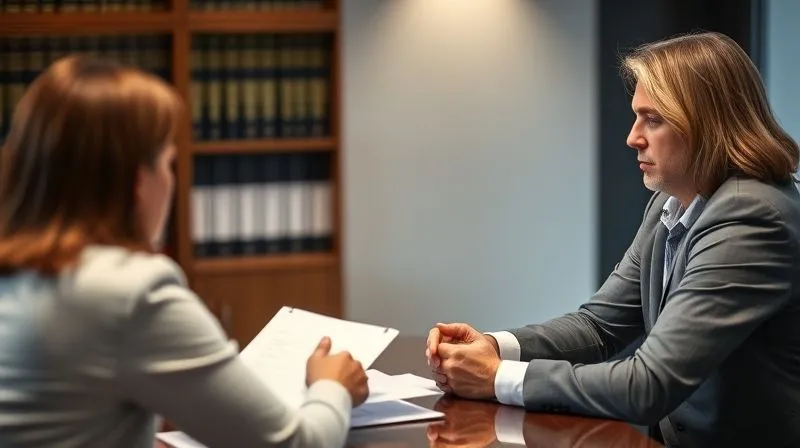 A photorealistic image of a serious, empathetic lawyer sitting across a desk from a client, reviewing documents. The lawyer is dressed professionally, with a calm and reassuring demeanor. The office is modern and well-lit, with legal books subtly blurred in the background. Cinematic lighting, sharp focus on the interaction, depth of field, 8K, conveying trust and professionalism.