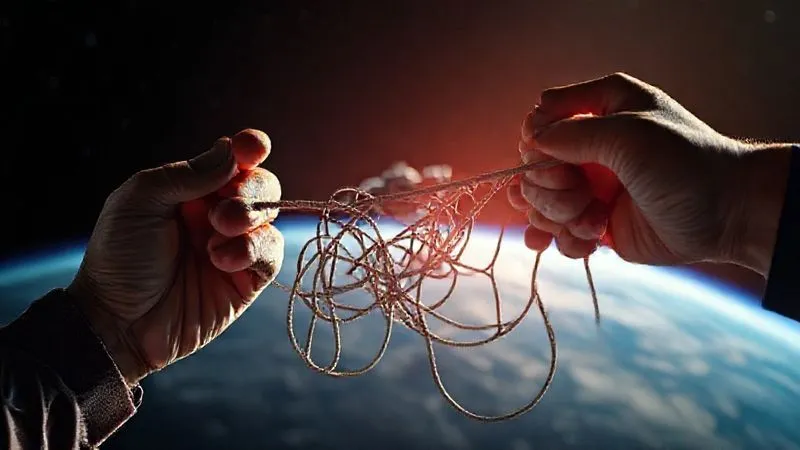 A photorealistic image of multiple hands, representing different entities (government, corporation, individual), pulling on tangled legal ropes, with a suborbital spacecraft subtly visible in the background, conveying complex liability, cinematic lighting, sharp focus on the ropes, depth of field blurring the background, 8K hyper-detailed, professional photography, shot on a high-end DSLR.