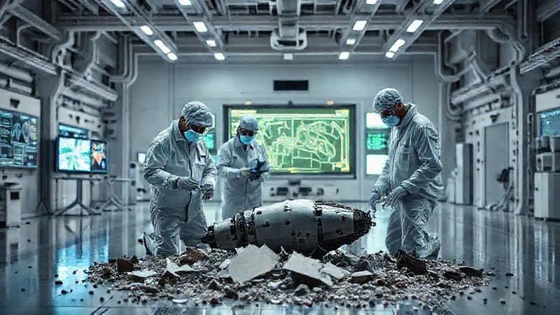 A photorealistic image of a forensic investigation team examining debris from a futuristic spacecraft in a desolate but advanced testing facility, with data screens and diagrams in the background, conveying meticulous accident analysis, cinematic lighting, sharp focus on the team, depth of field blurring the background, 8K hyper-detailed, professional photography, shot on a high-end DSLR.