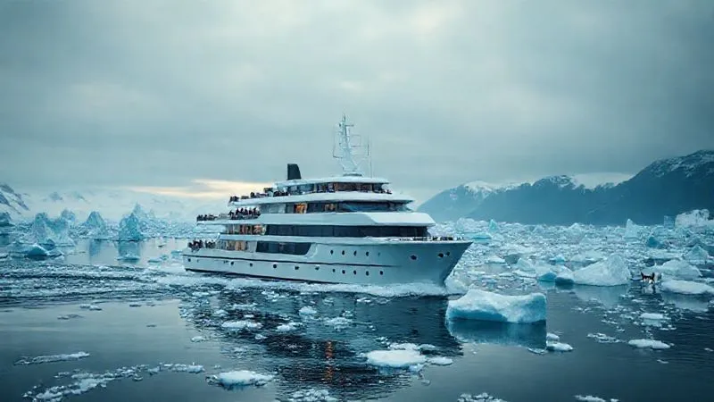 A photorealistic, professional photography, 8K, cinematic lighting shot of a sleek, modern luxury expedition cruise ship navigating through a pristine, iceberg-filled fjord in the Arctic, with a small group of guests on the deck viewing distant wildlife. The sky is dramatic with soft, ethereal light, sharp focus on the ship and ice, depth of field blurring the distant mountains. The scene evokes awe and serene exploration. A photorealistic, professional photography, 8K, cinematic lighting shot of a sleek, modern luxury expedition cruise ship navigating through a pristine, iceberg-filled fjord in the Arctic, with a small group of guests on the deck viewing distant wildlife. The sky is dramatic with soft, ethereal light, sharp focus on the ship and ice, depth of field blurring the distant mountains. The scene evokes awe and serene exploration.
