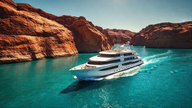 A photorealistic, professional photography, 8K, cinematic lighting shot of a sleek, modern luxury small expedition cruise ship navigating through the dramatic red cliffs and turquoise waters of the Kimberley Coast, Australia. The sun is high, casting stark shadows, sharp focus on the ship and the rugged landscape, depth of field blurring the distant horizon. The scene evokes adventure and untouched wilderness. A photorealistic, professional photography, 8K, cinematic lighting shot of a sleek, modern luxury small expedition cruise ship navigating through the dramatic red cliffs and turquoise waters of the Kimberley Coast, Australia. The sun is high, casting stark shadows, sharp focus on the ship and the rugged landscape, depth of field blurring the distant horizon. The scene evokes adventure and untouched wilderness.
