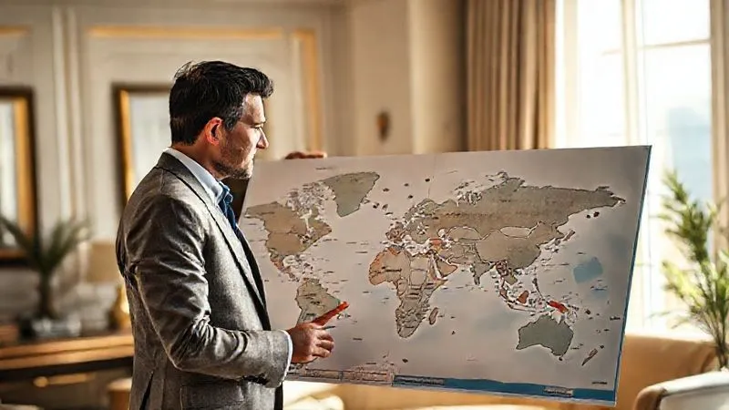 A photorealistic, professional photography, 8K, cinematic lighting shot of a luxury travel advisor, impeccably dressed, consulting with a sophisticated couple in a sunlit, elegant office. They are looking at a large world map, pointing to remote cruise destinations. The atmosphere is collaborative and discerning, sharp focus on the people and map, depth of field blurring the background. The scene evokes personalized service and expert guidance. A photorealistic, professional photography, 8K, cinematic lighting shot of a luxury travel advisor, impeccably dressed, consulting with a sophisticated couple in a sunlit, elegant office. They are looking at a large world map, pointing to remote cruise destinations. The atmosphere is collaborative and discerning, sharp focus on the people and map, depth of field blurring the background. The scene evokes personalized service and expert guidance.