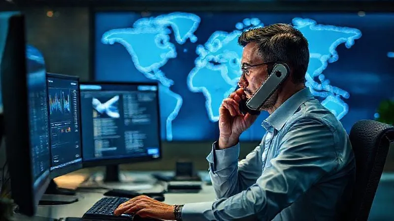 photorealistic, professional photography, 8K, cinematic lighting, sharp focus, depth of field, shot on a high-end DSLR. A travel agent, phone pressed to ear, intensely looking at multiple computer screens displaying flight tracking data and cruise itineraries, a world map subtly in the background, conveying urgency and meticulous problem-solving. photorealistic, professional photography, 8K, cinematic lighting, sharp focus, depth of field, shot on a high-end DSLR. A travel agent, phone pressed to ear, intensely looking at multiple computer screens displaying flight tracking data and cruise itineraries, a world map subtly in the background, conveying urgency and meticulous problem-solving.