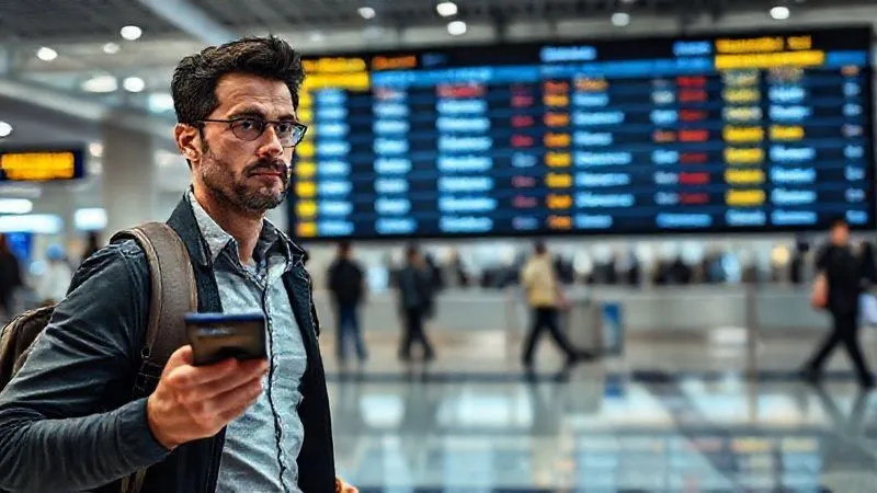 photorealistic, professional photography, 8K, cinematic lighting, sharp focus, depth of field, shot on a high-end DSLR. A traveler, looking determined, rushing through a bustling, modern airport terminal, phone in hand, with a large, clear departure board in the background showing various international flights, some with 'delayed' or 'cancelled' but others available, symbolizing rebooking options. photorealistic, professional photography, 8K, cinematic lighting, sharp focus, depth of field, shot on a high-end DSLR. A traveler, looking determined, rushing through a bustling, modern airport terminal, phone in hand, with a large, clear departure board in the background showing various international flights, some with 'delayed' or 'cancelled' but others available, symbolizing rebooking options.