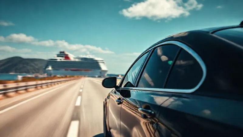photorealistic, professional photography, 8K, cinematic lighting, sharp focus, depth of field, shot on a high-end DSLR. A luxurious black car with tinted windows speeding along a coastal highway, heading towards a bustling cruise port visible in the distance with a grand cruise ship docked, emphasizing expedited, high-end ground transport. photorealistic, professional photography, 8K, cinematic lighting, sharp focus, depth of field, shot on a high-end DSLR. A luxurious black car with tinted windows speeding along a coastal highway, heading towards a bustling cruise port visible in the distance with a grand cruise ship docked, emphasizing expedited, high-end ground transport.