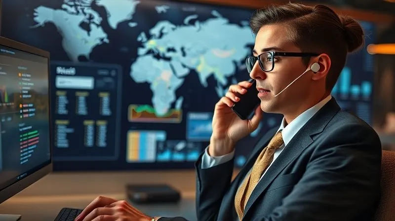 A photorealistic image of a professional, impeccably dressed luxury travel advisor calmly on the phone, looking at multiple screens with flight paths and hotel availability, a world map in the background, cinematic lighting, sharp focus on her determined expression, depth of field blurring the complex information, 8K hyper-detailed.
