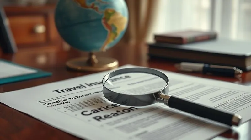 A photorealistic image of a detailed travel insurance policy document open on a polished desk, with a magnifying glass resting on a section detailing 'Cancel for Any Reason' coverage. In the background, a globe and a pen, cinematic lighting, sharp focus on the document, depth of field blurring the background, 8K hyper-detailed.