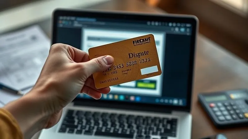 A photorealistic image of a hand holding a premium credit card, hovering over a laptop screen displaying an online banking dispute form. In the background, blurred images of travel documents and a calculator, cinematic lighting, sharp focus on the credit card and screen, depth of field blurring the background, 8K hyper-detailed.