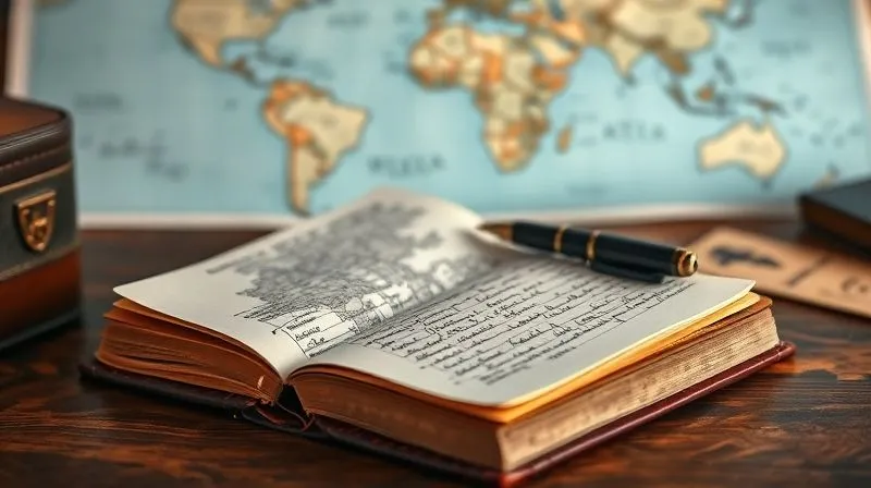 A photorealistic image of a vintage leather-bound journal open on a desk, with elegant handwriting detailing travel notes and reflections. A pen rests beside it, and a world map is subtly visible in the background, cinematic lighting, sharp focus on the journal, depth of field blurring the background, 8K hyper-detailed.