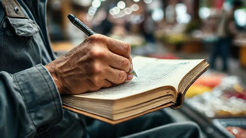 A close-up, photorealistic image of a volunteer's hand meticulously jotting down observations in a worn notebook, with a blurred background of a bustling local market or community center. Emphasize focused attention and detail. Professional photography, 8K, cinematic lighting, sharp focus on the hand and notebook, depth of field, shot on a high-end DSLR.