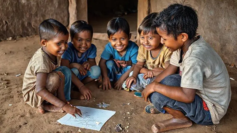 A photorealistic image of a volunteer teaching a small group of local children using simple, improvised materials (like drawing on a dirt floor or using recycled paper), symbolizing resourcefulness and adapting to create impact. The children are engaged and smiling. Professional photography, 8K, cinematic lighting, sharp focus on the interaction, depth of field, shot on a high-end DSLR.