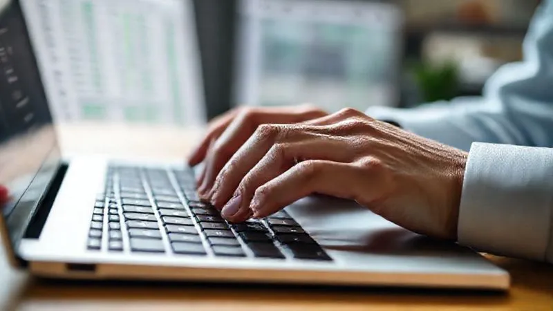 A professional, photorealistic close-up of a hand typing thoughtfully on a laptop keyboard, with a blurred background showing a detailed, organized spreadsheet or report on the screen, representing meticulous documentation and structured feedback. The lighting is soft and focused on the hands and keyboard. 8K, cinematic lighting, sharp focus, depth of field, shot on a high-end DSLR.
