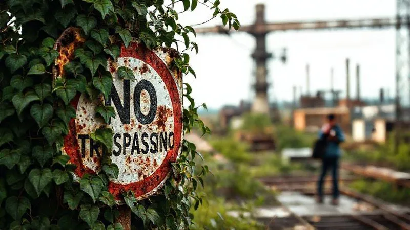 Photorealistic, professional photography, 8K, cinematic lighting, sharp focus, depth of field, shot on a high-end DSLR. A weathered, rusted 'No Trespassing' sign partially obscured by overgrown ivy, with a blurred figure in the background holding a camera, hesitating at the edge of a derelict industrial complex. The scene evokes a sense of legal boundaries and ethical considerations in urban exploration. Photorealistic, professional photography, 8K, cinematic lighting, sharp focus, depth of field, shot on a high-end DSLR. A weathered, rusted 'No Trespassing' sign partially obscured by overgrown ivy, with a blurred figure in the background holding a camera, hesitating at the edge of a derelict industrial complex. The scene evokes a sense of legal boundaries and ethical considerations in urban exploration.