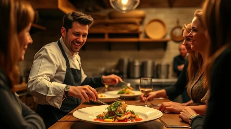 Photorealistic, professional photography of a beautifully plated gourmet dish being presented in an intimate, rustic kitchen setting. The chef is smiling warmly at a small group of engaged participants, cinematic lighting, sharp focus on the food and faces, depth of field blurring the background. 8K hyper-detailed, shot on a high-end DSLR. Photorealistic, professional photography of a beautifully plated gourmet dish being presented in an intimate, rustic kitchen setting. The chef is smiling warmly at a small group of engaged participants, cinematic lighting, sharp focus on the food and faces, depth of field blurring the background. 8K hyper-detailed, shot on a high-end DSLR.