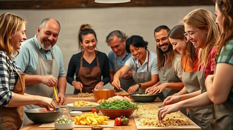 Photorealistic, professional photography of a diverse group of people from different backgrounds actively participating in a food travel workshop, perhaps making pasta or bread together. The scene is vibrant with laughter and interaction, a variety of local ingredients on a rustic table. Cinematic lighting, sharp focus on the group's engagement, depth of field blurring the background. 8K hyper-detailed, shot on a high-end DSLR. Photorealistic, professional photography of a diverse group of people from different backgrounds actively participating in a food travel workshop, perhaps making pasta or bread together. The scene is vibrant with laughter and interaction, a variety of local ingredients on a rustic table. Cinematic lighting, sharp focus on the group's engagement, depth of field blurring the background. 8K hyper-detailed, shot on a high-end DSLR.