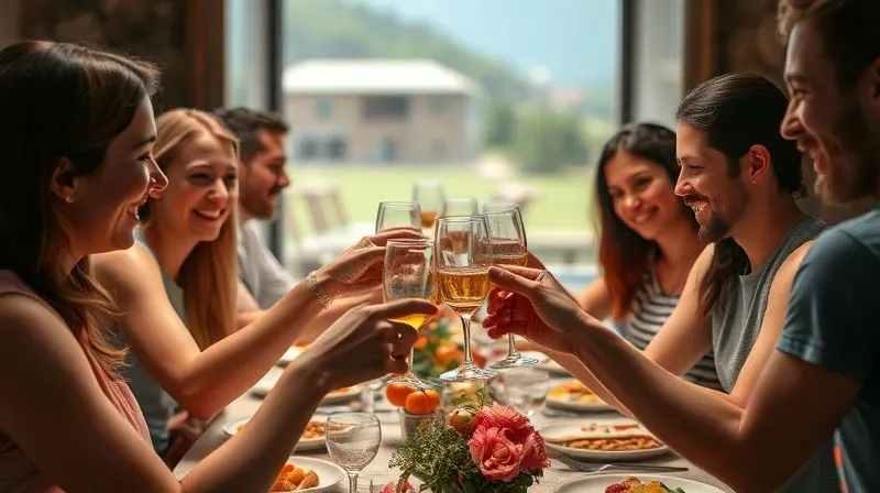 Photorealistic, professional photography of a group of happy, smiling food travel workshop participants raising glasses in a celebratory toast, perhaps around a beautifully set dining table in a picturesque, authentic local setting. Cinematic lighting, sharp focus on the faces and glasses, depth of field blurring the background. 8K hyper-detailed, shot on a high-end DSLR. Photorealistic, professional photography of a group of happy, smiling food travel workshop participants raising glasses in a celebratory toast, perhaps around a beautifully set dining table in a picturesque, authentic local setting. Cinematic lighting, sharp focus on the faces and glasses, depth of field blurring the background. 8K hyper-detailed, shot on a high-end DSLR.