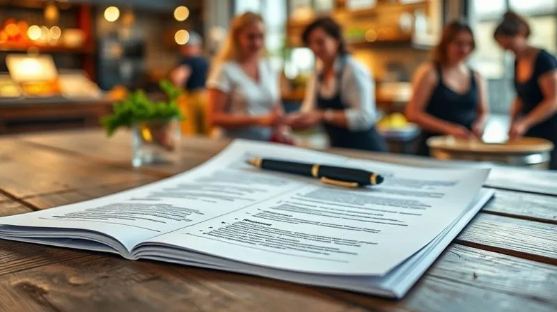 Photorealistic, professional photography of a beautifully designed business plan document open on a rustic wooden table, overlaid with blurred images of vibrant local food markets and happy cooking workshop participants in the background. A pen rests on the document, suggesting active planning. Cinematic lighting, sharp focus on the strategic plan, depth of field blurring the background. 8K hyper-detailed, shot on a high-end DSLR. Photorealistic, professional photography of a beautifully designed business plan document open on a rustic wooden table, overlaid with blurred images of vibrant local food markets and happy cooking workshop participants in the background. A pen rests on the document, suggesting active planning. Cinematic lighting, sharp focus on the strategic plan, depth of field blurring the background. 8K hyper-detailed, shot on a high-end DSLR.
