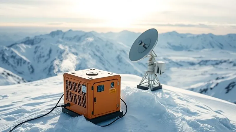 photorealistic, professional photography, 8K, cinematic lighting, sharp focus, depth of field, shot on a high-end DSLR, a compact, rugged portable fuel cell generator silently operating on a snow-covered ridge, steam subtly rising from its vents, connected to a satellite dish and a research sensor array, with a vast, untouched snowy mountain range in the background under a pale winter sun, conveying advanced technology in a pristine wilderness. photorealistic, professional photography, 8K, cinematic lighting, sharp focus, depth of field, shot on a high-end DSLR, a compact, rugged portable fuel cell generator silently operating on a snow-covered ridge, steam subtly rising from its vents, connected to a satellite dish and a research sensor array, with a vast, untouched snowy mountain range in the background under a pale winter sun, conveying advanced technology in a pristine wilderness.