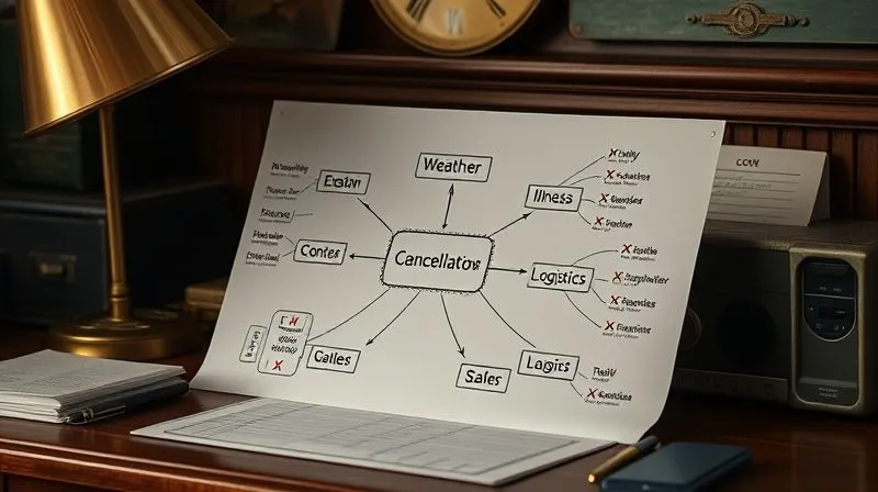A photorealistic, professional photography, 8K image depicting a stylized flowchart or mind map on a vintage desk, illustrating interconnected reasons for event cancellations (e.g., 'Weather', 'Performer Illness', 'Logistics', 'Low Sales') with subtle red 'X' marks. Cinematic lighting, sharp focus on the flowchart, depth of field blurring the background. Shot on a high-end DSLR. A photorealistic, professional photography, 8K image depicting a stylized flowchart or mind map on a vintage desk, illustrating interconnected reasons for event cancellations (e.g., 'Weather', 'Performer Illness', 'Logistics', 'Low Sales') with subtle red 'X' marks. Cinematic lighting, sharp focus on the flowchart, depth of field blurring the background. Shot on a high-end DSLR.