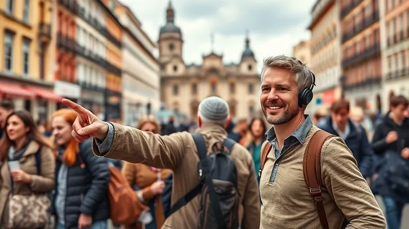A photorealistic, professional photography, 8K image of a local guide pointing confidently towards a historic landmark in a bustling European city, with a group of attentive travelers in the background. The guide is smiling, symbolizing helpful local expertise. Cinematic lighting, sharp focus on the guide, depth of field blurring the background. Shot on a high-end DSLR. A photorealistic, professional photography, 8K image of a local guide pointing confidently towards a historic landmark in a bustling European city, with a group of attentive travelers in the background. The guide is smiling, symbolizing helpful local expertise. Cinematic lighting, sharp focus on the guide, depth of field blurring the background. Shot on a high-end DSLR.