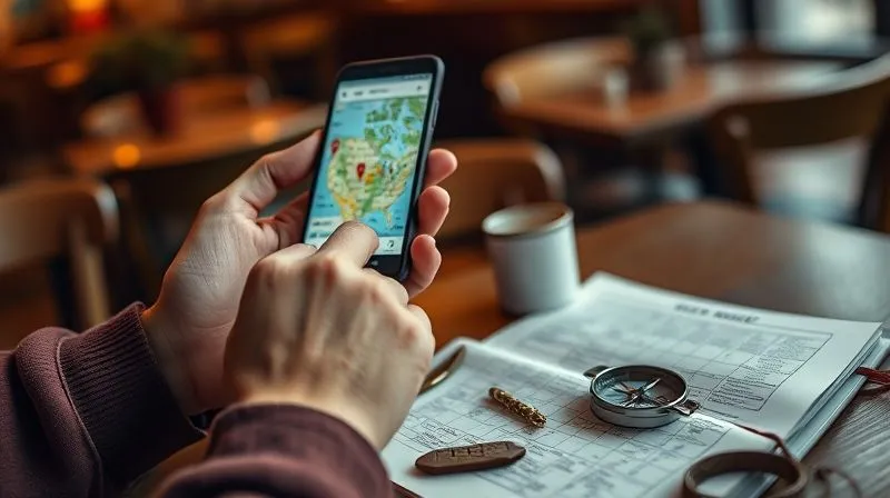 photorealistic, professional photography, 8K, cinematic lighting, sharp focus on a pair of hands holding a smartphone displaying a map application with various unusual pins, a vintage compass and a well-worn travel journal are visible on a wooden table, depth of field blurring a cozy, dimly lit cafe background, representing digital research for unique travel spots, shot on a high-end DSLR photorealistic, professional photography, 8K, cinematic lighting, sharp focus on a pair of hands holding a smartphone displaying a map application with various unusual pins, a vintage compass and a well-worn travel journal are visible on a wooden table, depth of field blurring a cozy, dimly lit cafe background, representing digital research for unique travel spots, shot on a high-end DSLR