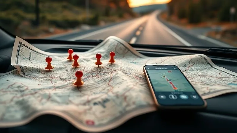 photorealistic, professional photography, 8K, cinematic lighting, sharp focus on a detailed vintage map spread out on a car dashboard, with several colorful pins marking unique roadside attractions, a smartphone displaying a GPS route overlapping the physical map, depth of field blurring the scenic road ahead, symbolizing meticulous road trip planning and discovery, shot on a high-end DSLR photorealistic, professional photography, 8K, cinematic lighting, sharp focus on a detailed vintage map spread out on a car dashboard, with several colorful pins marking unique roadside attractions, a smartphone displaying a GPS route overlapping the physical map, depth of field blurring the scenic road ahead, symbolizing meticulous road trip planning and discovery, shot on a high-end DSLR