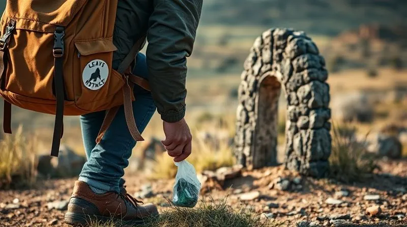 photorealistic, professional photography, 8K, cinematic lighting, sharp focus on a person carefully picking up a piece of litter from the ground near a unique, weathered roadside monument in a rural setting, a 'Leave No Trace' sticker is visible on their backpack, depth of field blurring the serene, natural landscape, emphasizing responsible travel and environmental stewardship, shot on a high-end DSLR photorealistic, professional photography, 8K, cinematic lighting, sharp focus on a person carefully picking up a piece of litter from the ground near a unique, weathered roadside monument in a rural setting, a 'Leave No Trace' sticker is visible on their backpack, depth of field blurring the serene, natural landscape, emphasizing responsible travel and environmental stewardship, shot on a high-end DSLR
