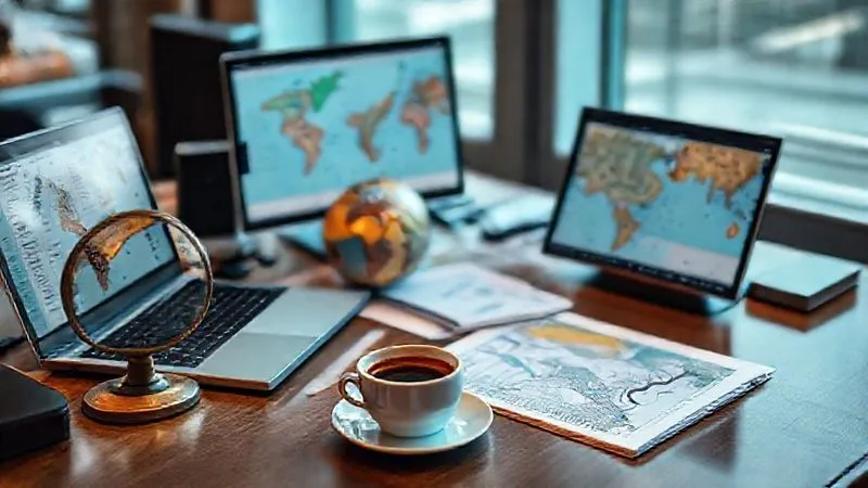 photorealistic, professional photography, 8K, cinematic lighting, sharp focus, depth of field, shot on a high-end DSLR of a sophisticated travel planner's desk, with multiple open laptops displaying complex itineraries and maps, a vintage globe, and a steaming cup of coffee. The background is slightly blurred, suggesting a bustling, high-stakes environment of global coordination. photorealistic, professional photography, 8K, cinematic lighting, sharp focus, depth of field, shot on a high-end DSLR of a sophisticated travel planner's desk, with multiple open laptops displaying complex itineraries and maps, a vintage globe, and a steaming cup of coffee. The background is slightly blurred, suggesting a bustling, high-stakes environment of global coordination.