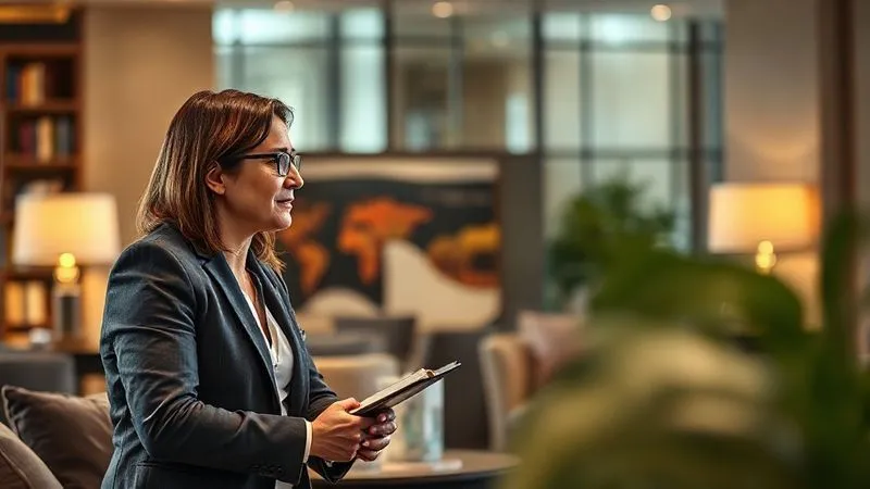 A photorealistic image of a luxury travel consultant subtly observing a discerning client in a sophisticated lounge, both engaged in conversation, with subtle visual cues like a specific book title or art piece in the background, cinematic lighting, sharp focus on their interaction, depth of field blurring the background, professional photography, 8K hyper-detailed.