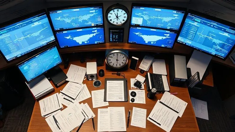 A photorealistic, overhead shot of a meticulously organized travel desk with multiple screens displaying flight paths, hotel bookings, and detailed itineraries, surrounded by neatly arranged documents and a world clock, cinematic lighting emphasizing precision and complexity, sharp focus on the central workstation, depth of field blurring the surrounding office, professional photography, 8K hyper-detailed.