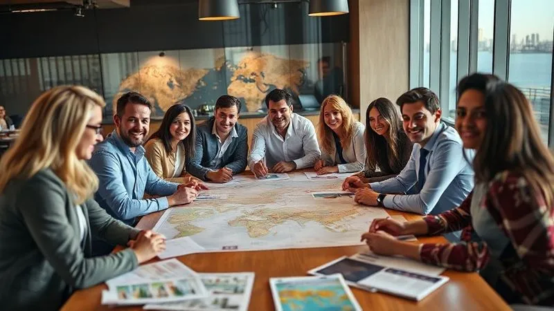 A photorealistic image of a diverse, professional team of luxury travel specialists collaborating around a large table, looking engaged and passionate, with maps and client profiles spread out, cinematic lighting highlighting their focused expressions and teamwork, sharp focus on the team, depth of field blurring the background, professional photography, 8K hyper-detailed.