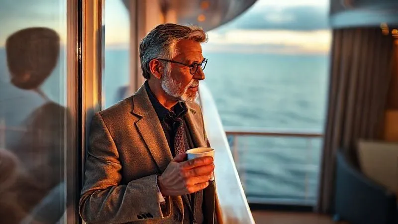 A photorealistic image of a sophisticated traveler, mid-40s to 50s, impeccably dressed, looking out from a luxurious cruise cabin balcony with a thoughtful expression, holding a high-end coffee cup. The background shows a serene ocean at sunrise. The overall mood is one of contemplation, luxury, and anticipation. Professional photography, 8K, cinematic lighting, sharp focus on the traveler, depth of field blurring the background, shot on a high-end DSLR. A photorealistic image of a sophisticated traveler, mid-40s to 50s, impeccably dressed, looking out from a luxurious cruise cabin balcony with a thoughtful expression, holding a high-end coffee cup. The background shows a serene ocean at sunrise. The overall mood is one of contemplation, luxury, and anticipation. Professional photography, 8K, cinematic lighting, sharp focus on the traveler, depth of field blurring the background, shot on a high-end DSLR.