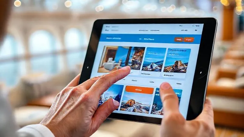 A photorealistic close-up of a tablet screen displaying a beautifully designed, user-friendly cruise booking interface. The screen shows a premium cabin selection with vibrant images and clear pricing. A hand is gently tapping the 'Book Now' button. The background is a soft-focus luxury lounge on a ship, suggesting ease and comfort. Professional photography, 8K, cinematic lighting, sharp focus on the tablet screen, depth of field blurring the background, shot on a high-end DSLR. A photorealistic close-up of a tablet screen displaying a beautifully designed, user-friendly cruise booking interface. The screen shows a premium cabin selection with vibrant images and clear pricing. A hand is gently tapping the 'Book Now' button. The background is a soft-focus luxury lounge on a ship, suggesting ease and comfort. Professional photography, 8K, cinematic lighting, sharp focus on the tablet screen, depth of field blurring the background, shot on a high-end DSLR.