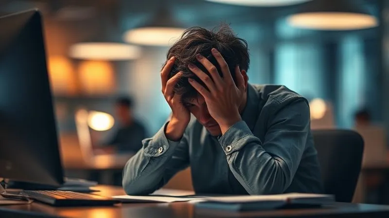 A photorealistic image of a person with their head in their hands at a desk, surrounded by blurred office lights, conveying exhaustion and mental fog, cinematic lighting, sharp focus on the person, depth of field. 8K. A photorealistic image of a person with their head in their hands at a desk, surrounded by blurred office lights, conveying exhaustion and mental fog, cinematic lighting, sharp focus on the person, depth of field. 8K.