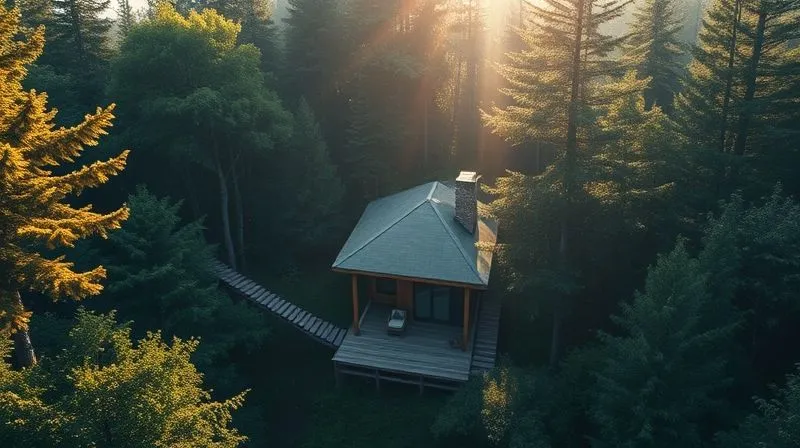 A photorealistic aerial view of a secluded, modern cabin nestled deep within a lush, ancient forest, sunlight filtering through the canopy, conveying peace and solitude. Professional photography, 8K, cinematic lighting. A photorealistic aerial view of a secluded, modern cabin nestled deep within a lush, ancient forest, sunlight filtering through the canopy, conveying peace and solitude. Professional photography, 8K, cinematic lighting.
