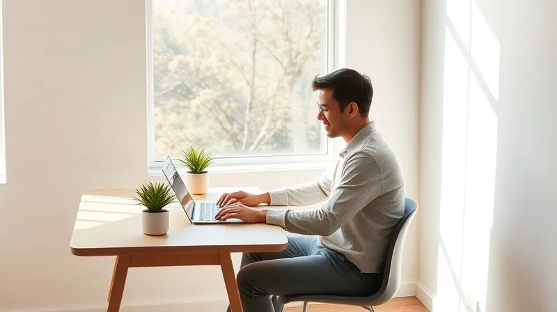 A photorealistic image of a person sitting calmly at a minimalist desk, a small potted plant nearby, sunlight streaming in, looking focused and serene while working on a laptop, symbolizing sustained clarity after a retreat. 8K, professional photography. A photorealistic image of a person sitting calmly at a minimalist desk, a small potted plant nearby, sunlight streaming in, looking focused and serene while working on a laptop, symbolizing sustained clarity after a retreat. 8K, professional photography.