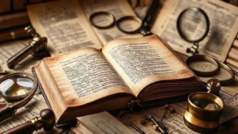 A photorealistic image of an open, ancient leather-bound book with faded script, surrounded by various magnifying glasses and carefully arranged historical documents, illuminated by a warm, focused light, suggesting deep scholarly research. Cinematic lighting, sharp focus, depth of field, 8K hyper-detailed, professional photography, shot on a high-end DSLR. A photorealistic image of an open, ancient leather-bound book with faded script, surrounded by various magnifying glasses and carefully arranged historical documents, illuminated by a warm, focused light, suggesting deep scholarly research. Cinematic lighting, sharp focus, depth of field, 8K hyper-detailed, professional photography, shot on a high-end DSLR.