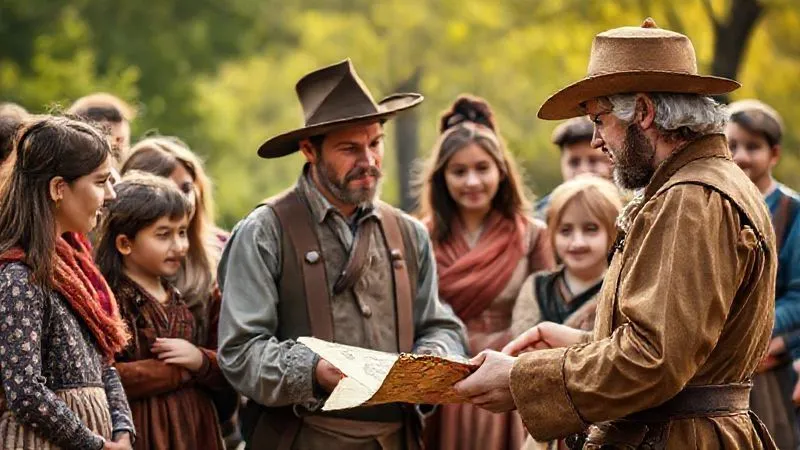 A photorealistic image of a diverse group of families and children intently listening to a historical reenactor, dressed in period costume, explaining an antique map or artifact. The scene is outdoors, with warm, natural lighting, sharp focus on the reenactor and audience, depth of field blurring the background, 8K hyper-detailed, professional photography, shot on a high-end DSLR. A photorealistic image of a diverse group of families and children intently listening to a historical reenactor, dressed in period costume, explaining an antique map or artifact. The scene is outdoors, with warm, natural lighting, sharp focus on the reenactor and audience, depth of field blurring the background, 8K hyper-detailed, professional photography, shot on a high-end DSLR.