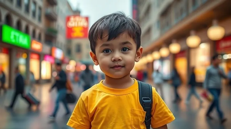 A child wearing a bright, easily identifiable t-shirt, looking confidently at a designated 'meet-up spot' in a bustling but safe-looking foreign plaza. Photorealistic, professional photography, 8K, cinematic lighting, sharp focus, depth of field.