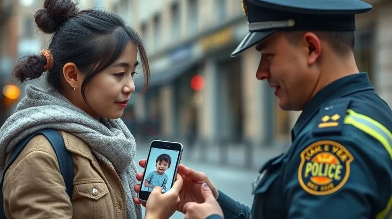 A parent showing a smartphone screen with a clear photo of their child to a uniformed local police officer in a foreign city. The officer is listening intently, showing empathy. Photorealistic, professional photography, 8K, cinematic lighting, sharp focus, depth of field.