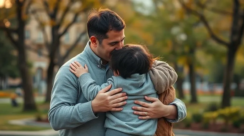 A family reunited, parents embracing their child, with a backdrop of a slightly blurred foreign city park. The mood is one of profound relief and comfort, with gentle, warm cinematic lighting. Photorealistic, professional photography, 8K, sharp focus on the family, depth of field.
