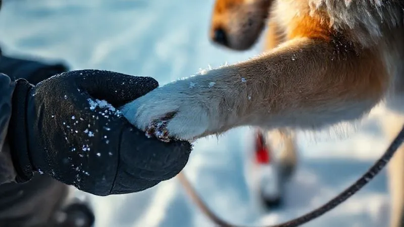 A close-up, photorealistic, professional photography shot of a musher's gloved hands gently examining the paw of a sled dog, with snow and a portion of a sled visible in the blurred background. Cinematic lighting, sharp focus on the interaction, depth of field. 8K hyper-detailed, shot on a high-end DSLR, conveying care and expertise. A close-up, photorealistic, professional photography shot of a musher's gloved hands gently examining the paw of a sled dog, with snow and a portion of a sled visible in the blurred background. Cinematic lighting, sharp focus on the interaction, depth of field. 8K hyper-detailed, shot on a high-end DSLR, conveying care and expertise.