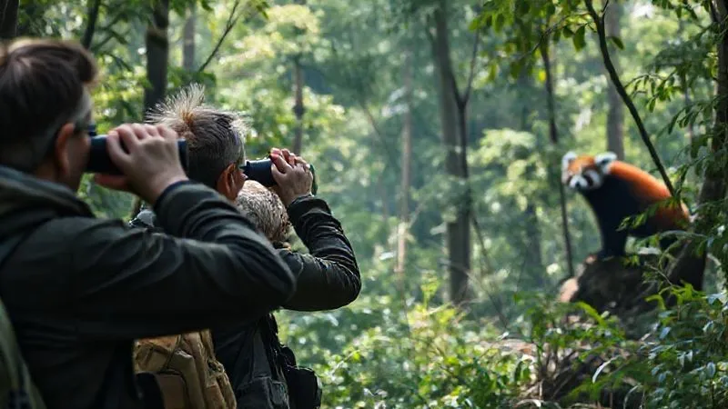 photorealistic, professional photography, 8K, cinematic lighting, sharp focus, depth of field, shot on a high-end DSLR, a small group of eco-tourists silently and respectfully observing a majestic but elusive wild animal (e.g., a critically endangered red panda) from a significant distance using binoculars, blending into a dense, natural forest environment. The scene emphasizes quiet reverence and non-intrusion, with soft, dappled sunlight.
