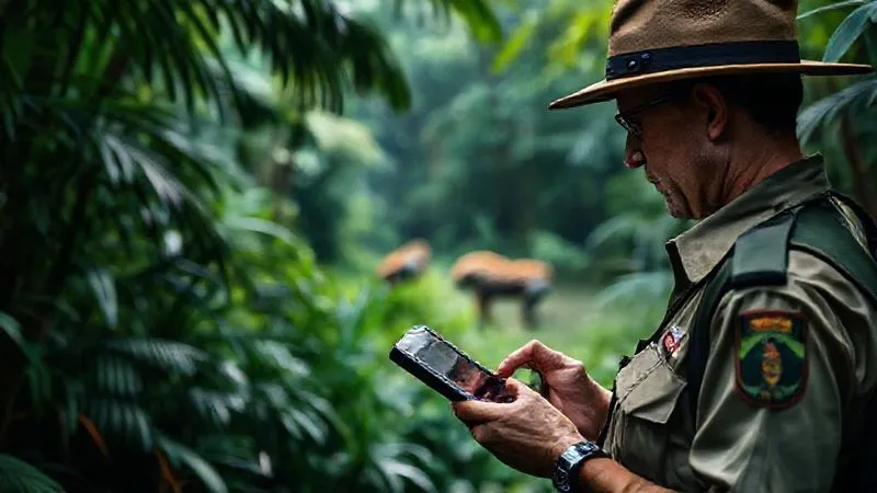 photorealistic, professional photography, 8K, cinematic lighting, sharp focus, depth of field, shot on a high-end DSLR, a park ranger or conservationist in a uniform, using a tablet or GPS device to meticulously record data about an endangered species sighting in a dense, lush rainforest, with blurred outlines of a rare animal in the distant background. The scene emphasizes scientific documentation and responsible data collection.