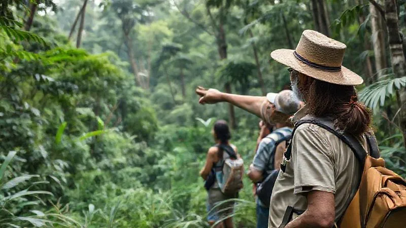 photorealistic, professional photography, 8K, cinematic lighting, sharp focus, depth of field, shot on a high-end DSLR, an experienced eco-tour guide standing with a small group of attentive tourists in a lush, biodiverse forest, pointing to a distant feature or animal (not visible in detail) while explaining conservation principles and ethical viewing practices. The group is engaged and respectful, with a sense of learning and appreciation for the environment.