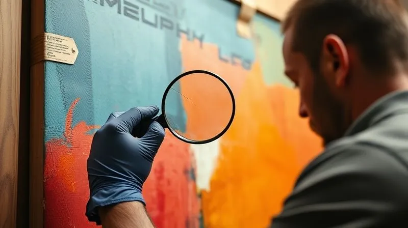 A close-up, photorealistic image of a professional art handler wearing gloves, carefully examining a hairline crack on a large, vibrant painting with a magnifying glass. The painting is still partially secured in its custom shipping crate, with packing materials visible. Soft, diffused cinematic lighting highlights the detail of the crack and the handler's focused expression. Sharp focus, depth of field, 8K, shot on a high-end DSLR. A close-up, photorealistic image of a professional art handler wearing gloves, carefully examining a hairline crack on a large, vibrant painting with a magnifying glass. The painting is still partially secured in its custom shipping crate, with packing materials visible. Soft, diffused cinematic lighting highlights the detail of the crack and the handler's focused expression. Sharp focus, depth of field, 8K, shot on a high-end DSLR.